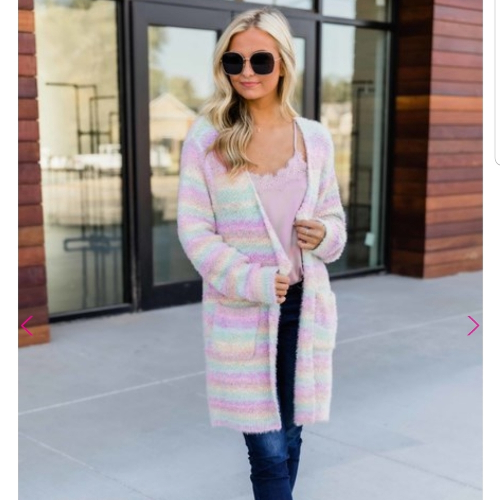 Rainbow cardigan sweater with tank shown in photo